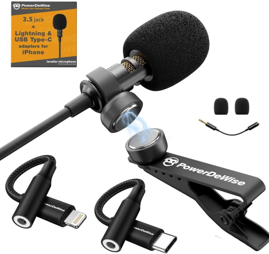 PowerDeWise Professional Grade Lavalier Clip On Microphone - Lav Mic for Camera Phone iPhone GoPro